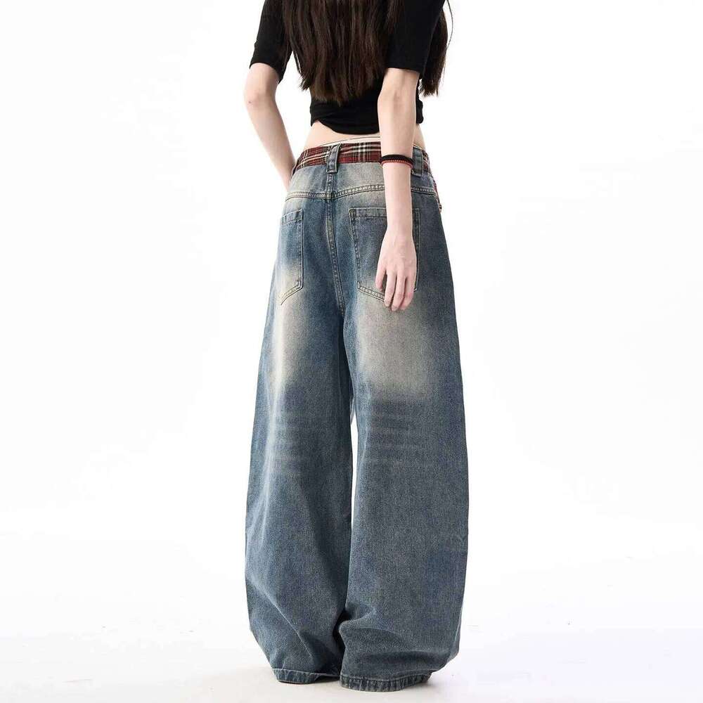 New retro plaid splicing waistband jeans fashionable street letter print loose wide pants for men and women
