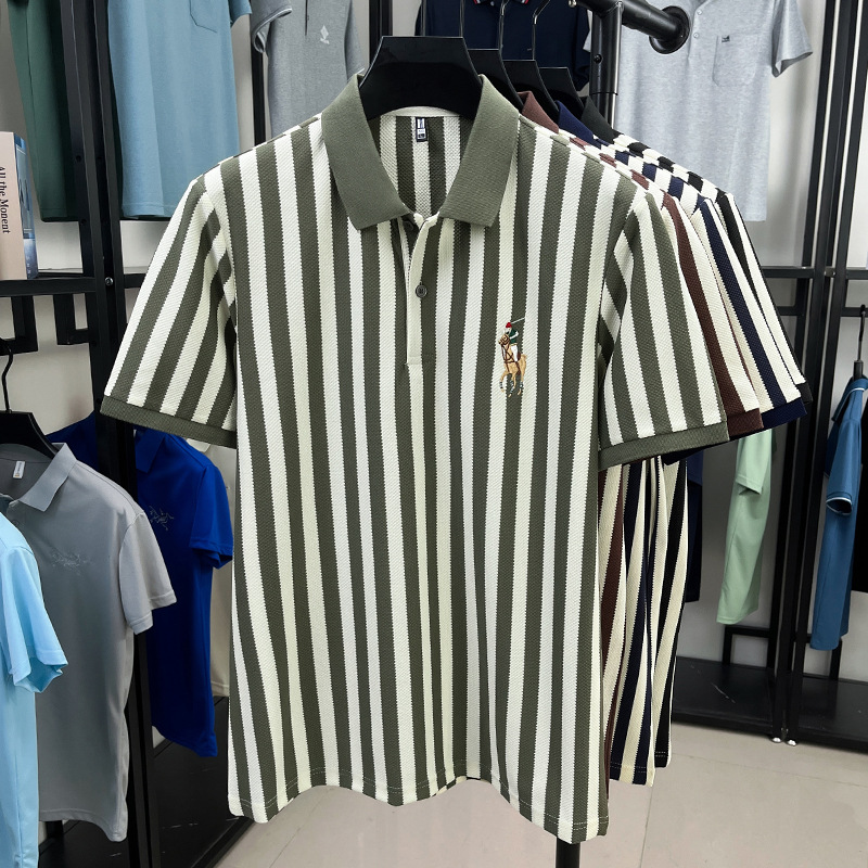 Free shipping 2026 summer new short sleeved striped light luxury casual embroidered pony lapel polo shirt