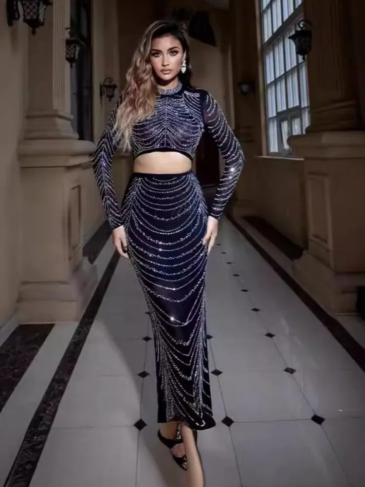 Women Celebrity Sexy Long Sleeve O Neck Diamonds T-shirt Black Split Skirt Set Elegant Evening Club Party Outfits 260122