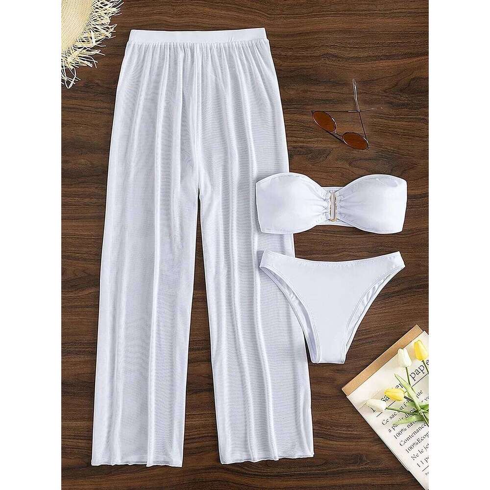 3 Pieces U Wired Bandeau Bikini 2025 Sexy Swimsuit Women & Beach Pants Swimwear Female Beachwear Bathers Bathing Swimming Suit C260207