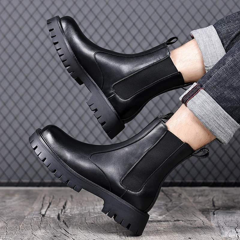 big size men fashion high chelsea boots slipon genuine leather shoes black stylish cowboy platform boot long motorcycle botas 260208