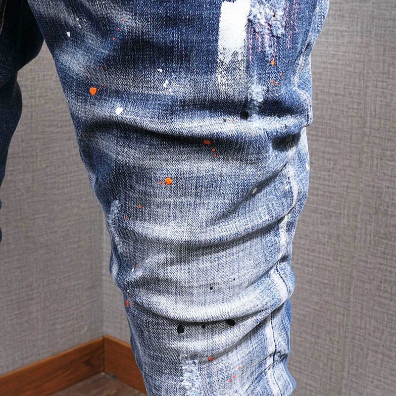Fashion Streetwear Men Jeans Retro Blue Elastic Slim Fit Ripped Jeans Men Painted Elastic Hip Hop Denim Pencil Pants 260122