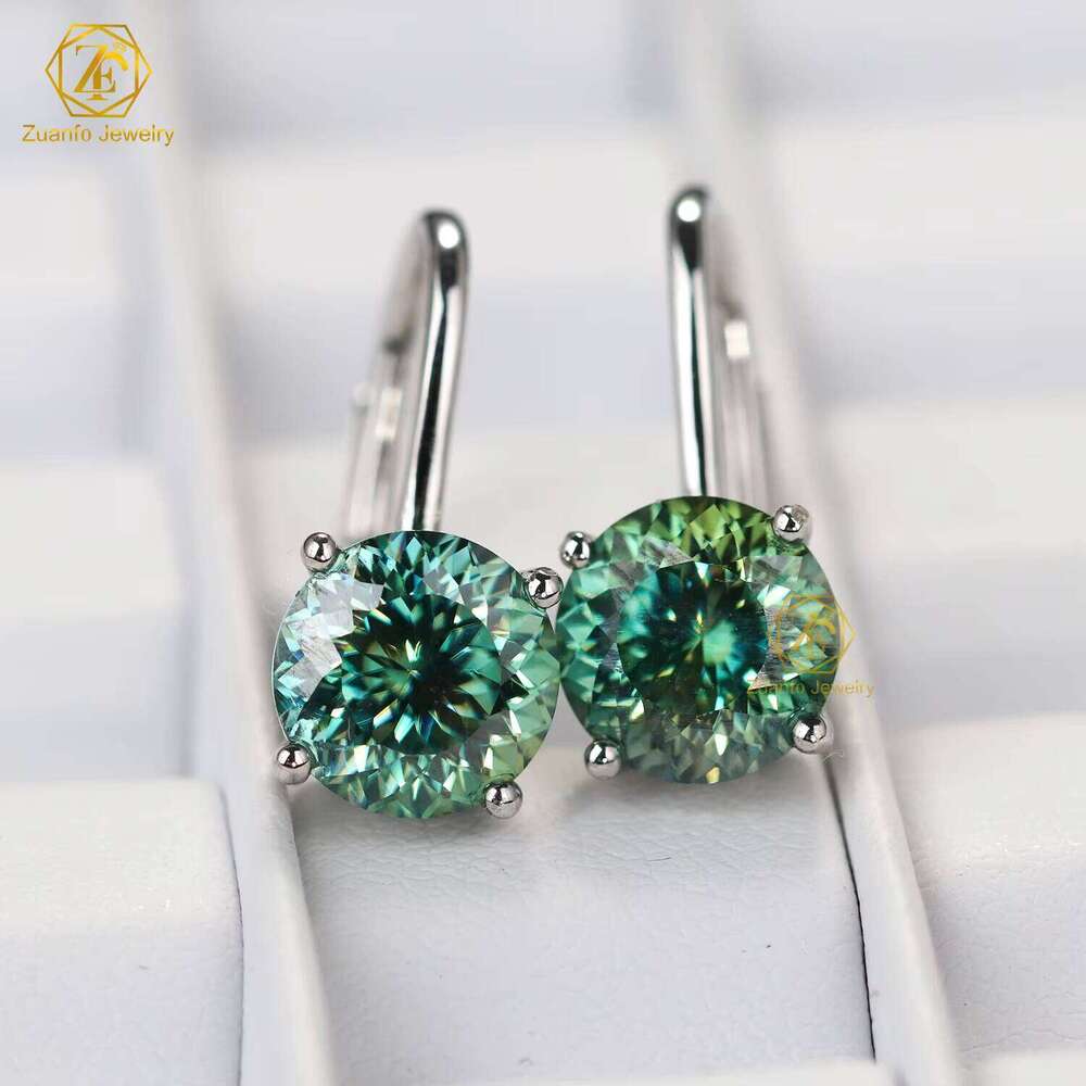 New Collection Blue Green Portuguese Cut Moissanite 8Mm 2Carart 18K Gold Plated 925 Silver Hidden Halo Diamond Earrings
