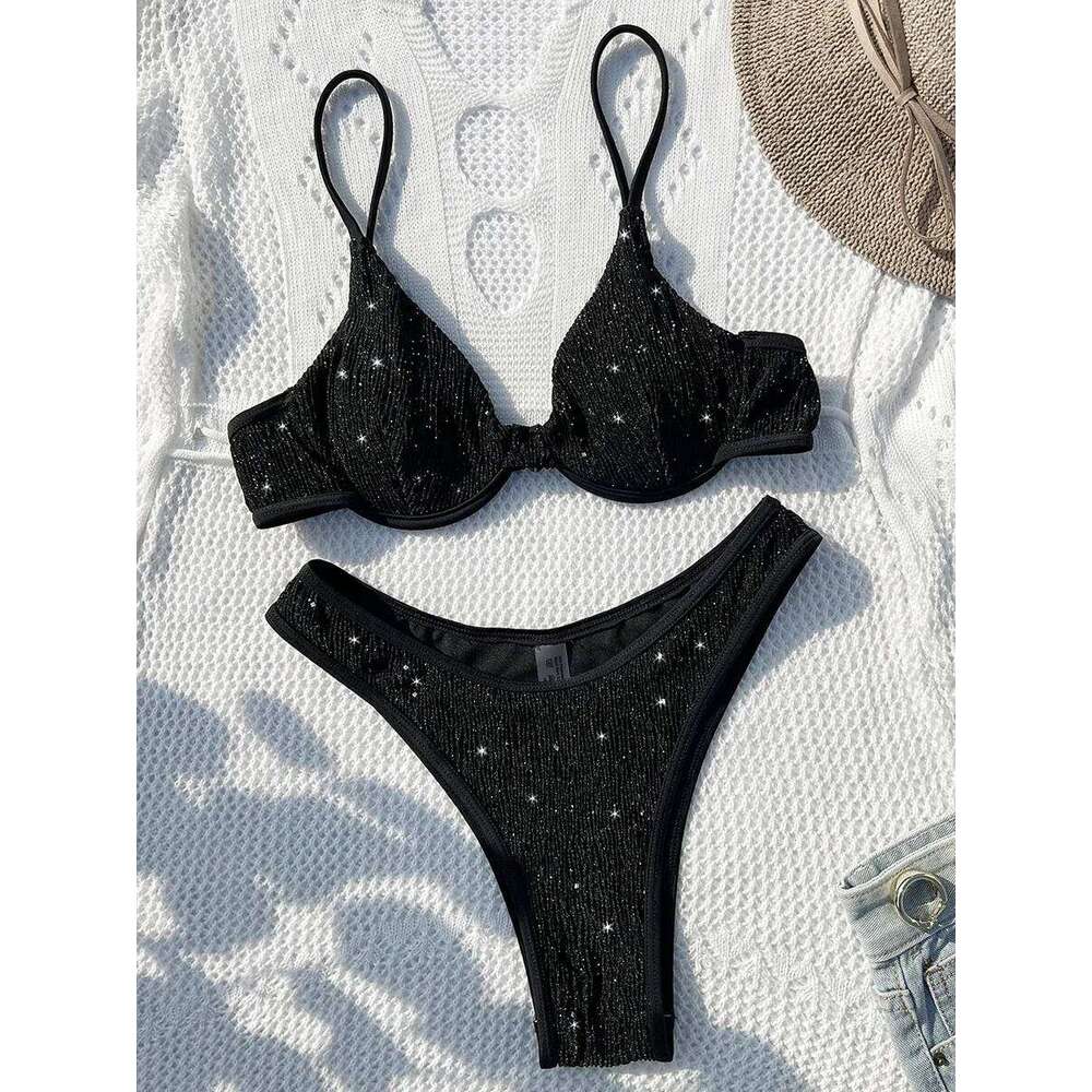 Shiny Sparkling Underwired V-bar Women Swimwear Female Swimsuit Two-pieces Bikini Set Smocked Push Up Bathing Suit Swim C260207