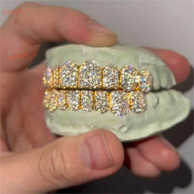 Iced Out Vvs Moissanite Grillz Fold Top Bottom by Custom Grillz Hip Hop Rapper No Fade Honey Comb 8 on 8 Moissanite Grillz