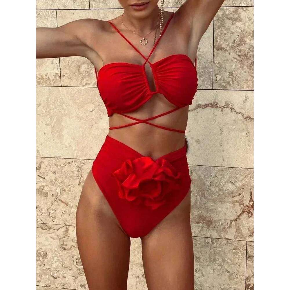 Two-Pieces Women Floral Lace Up 2025 Push-Up Padded Bra White Bikini Set Swimsuit Swimwear Bathing Suit Beachwear Biquini C260207