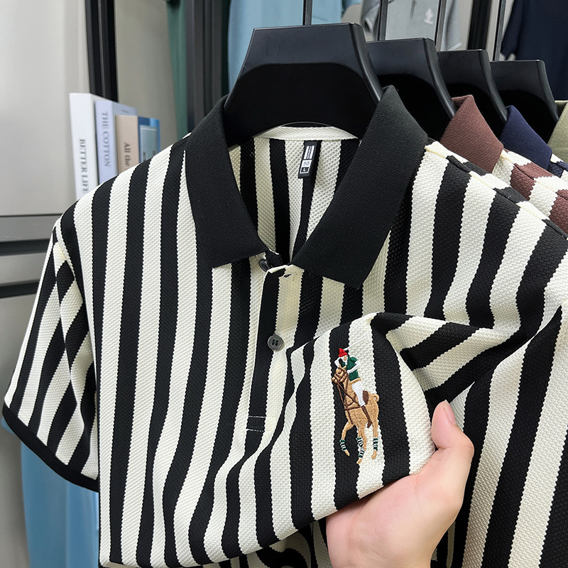 Free shipping 2026 summer new short sleeved striped light luxury casual embroidered pony lapel polo shirt