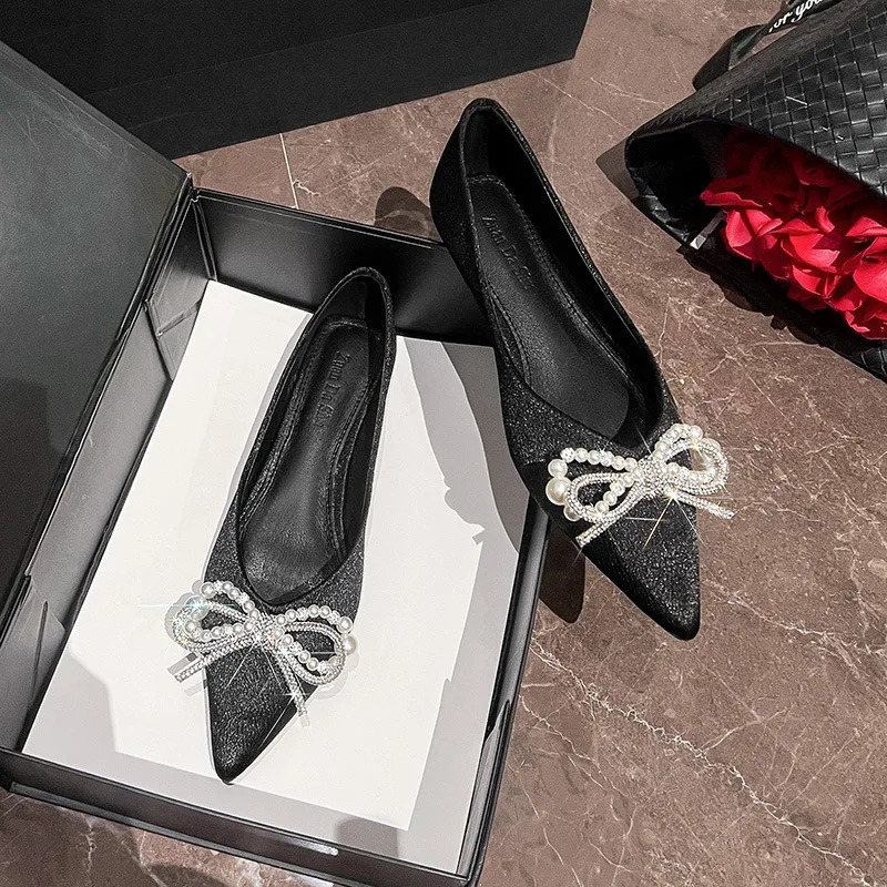 pearl bow flat shoes woman pointy silk strings ballet flats women crystal bow moccasins wedding shoes big size43 260124