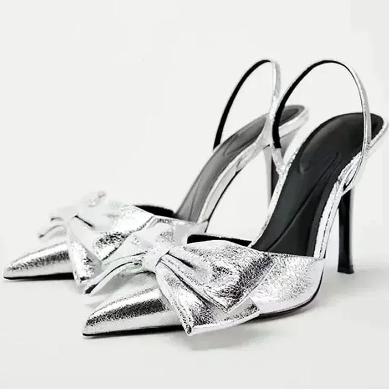 Silver High Heeled Sandals Women Sexy Pointed Toe Back Strap Thin Heels for Women Elegant Bow Banquet Dress Shoes 260202