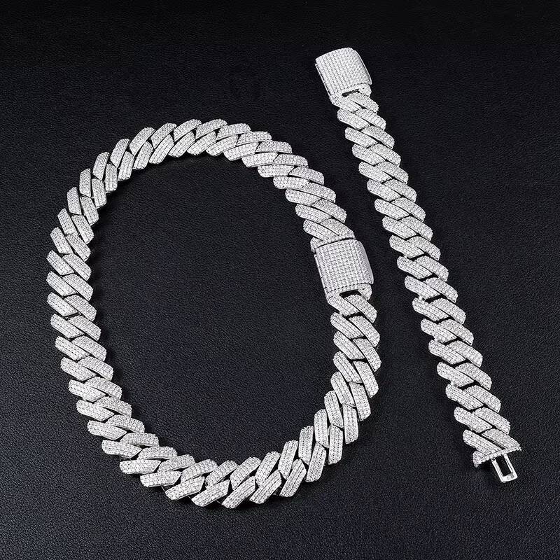 Hip Hop Gold Filled Link Bracelet Chain Set 20MM 3 Rows Diamond Cuban Choker Necklace Mens Miami Iced Out vvs moissanite Prong Cuban Chain