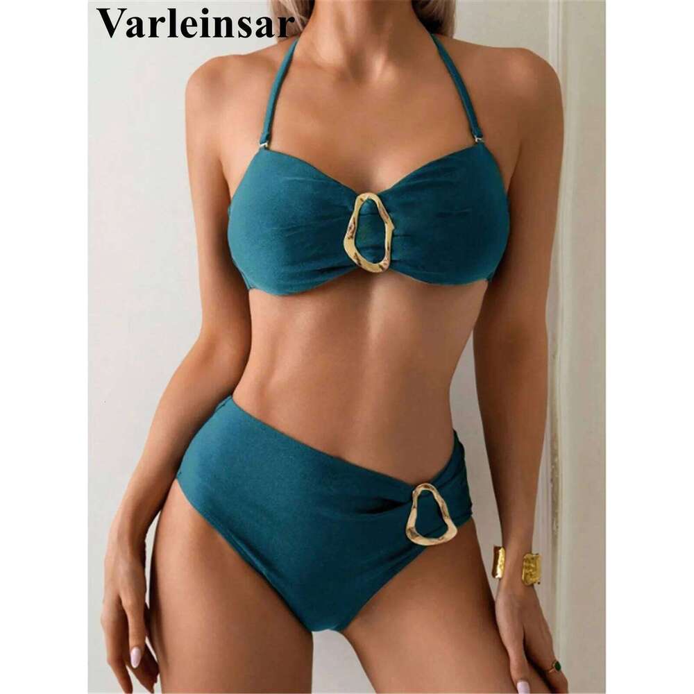 S - XL Metal Ring Halter Female Swimsuit High Waist Women Swimwear Two-pieces Bikini set Bather Bathing Suit Swim V6933 C260207