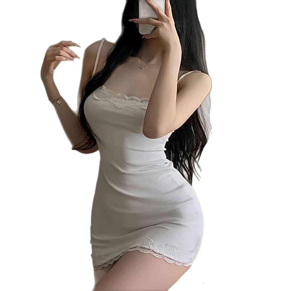 Elegant White Lace-Trimmed Slip Dress Women Soft Knit Bodycon Mini Dress with Deep V-Neck & Ruffled Hem, Perfect for Nightwear, Date Night & Everyday 