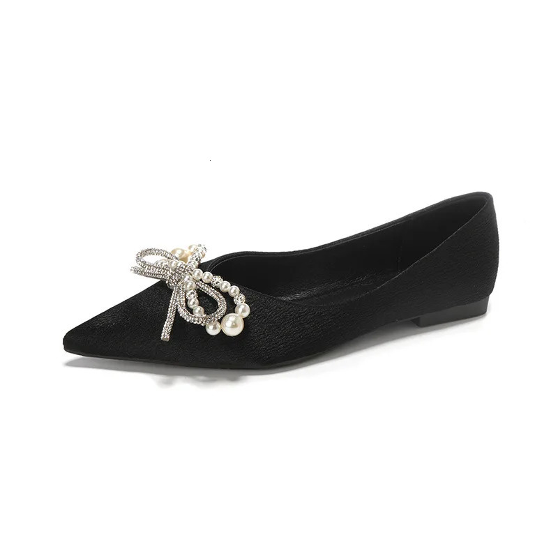 pearl bow flat shoes woman pointy silk strings ballet flats women crystal bow moccasins wedding shoes big size43 260124