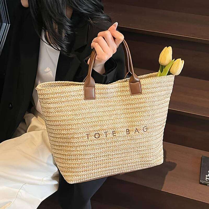 Handheld large capacity commuting letter embroidered women's fashionable casual grass woven tote bag, handbag C260207