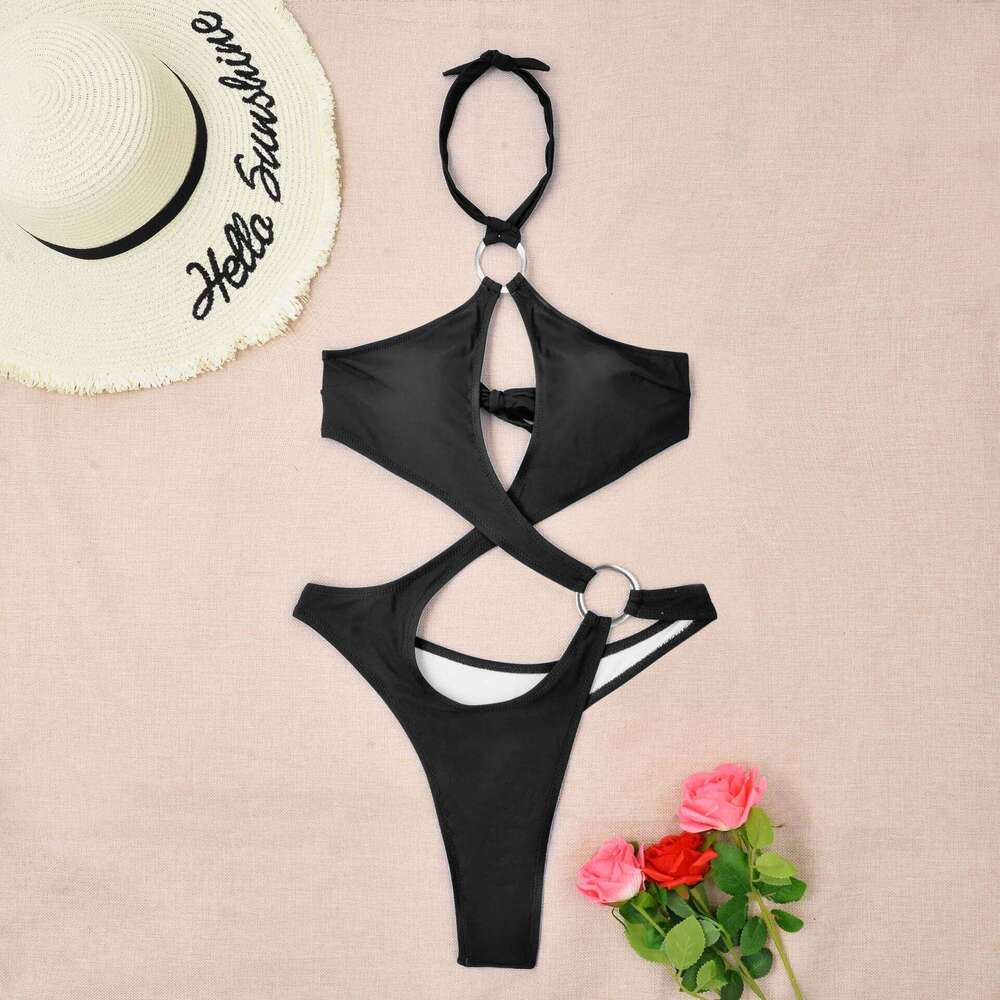 sexy cross ring halter bandage hollow one piece bikinis 2024 women thong swimsuit female bathing suit swimwear biquini C260207