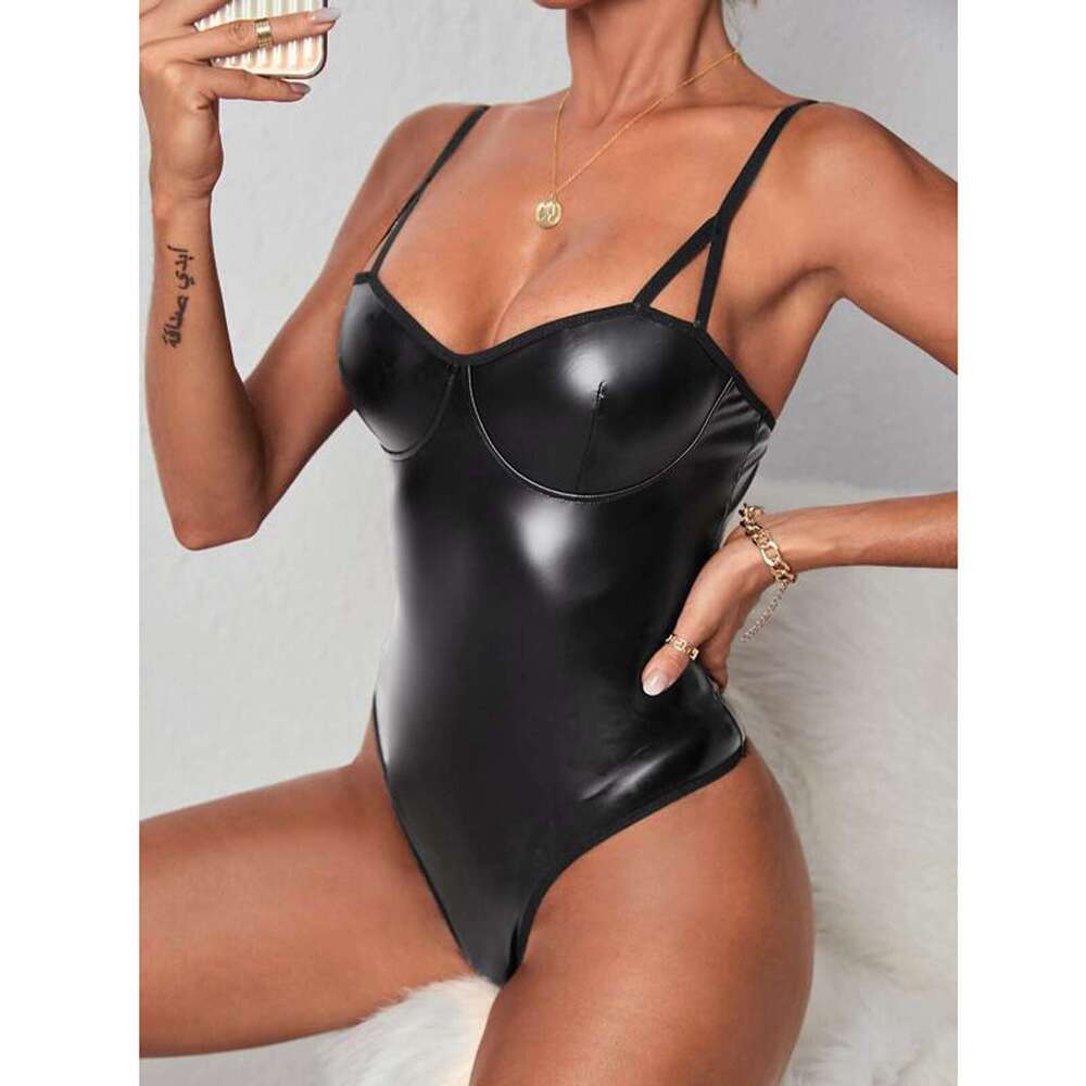 Sexy PU Leather Bodysuit Women High-Gloss Black One-Piece Bodycon Suit with Deep V-Neck & Cross Strap Design for Nightclub, Party & Fashion