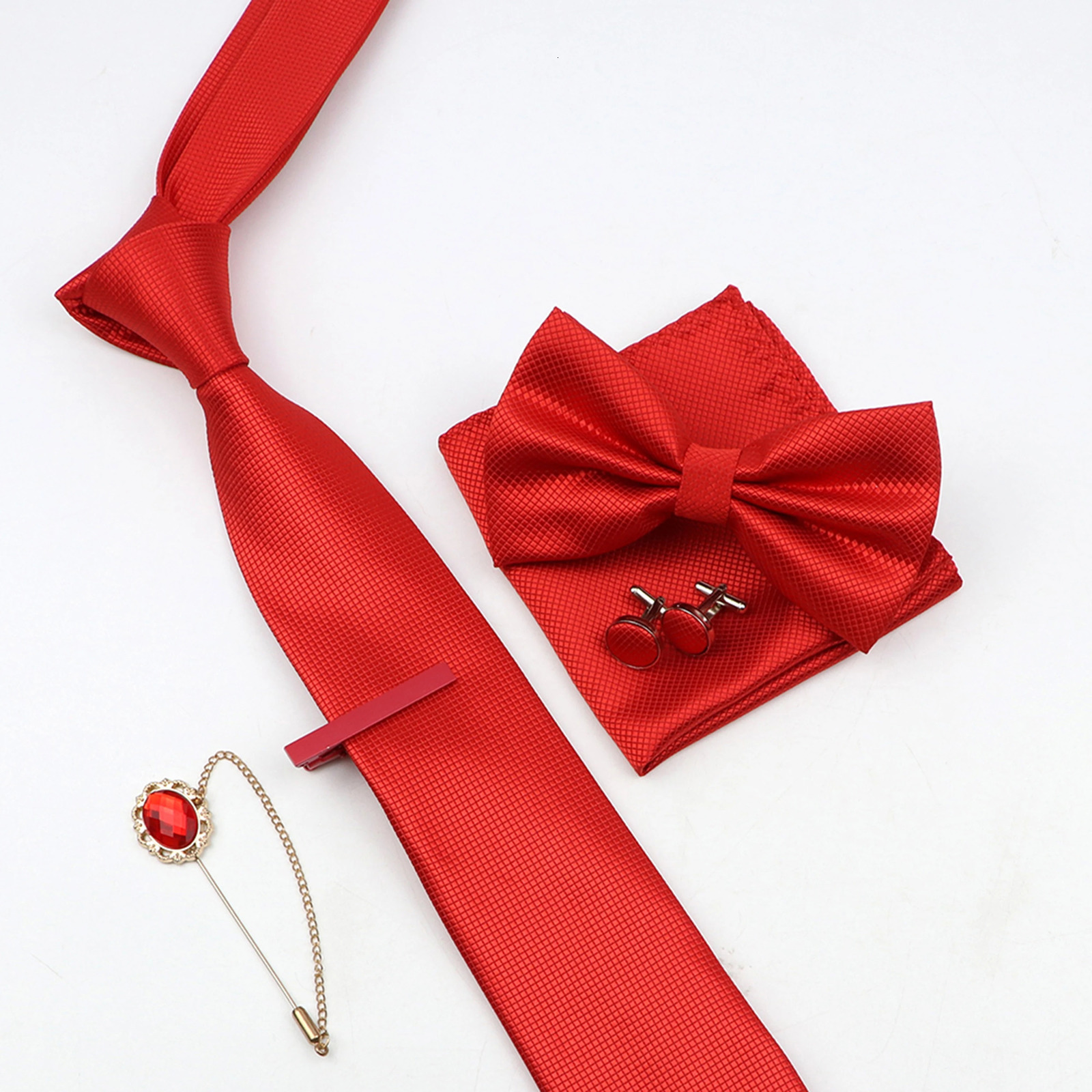 Solid Color Mens Tie Bowtie Set Black Pink Red Blue Purpple Polyester Jacquard Woven Necktie Cufflinks Brooches Ties Gift 260130