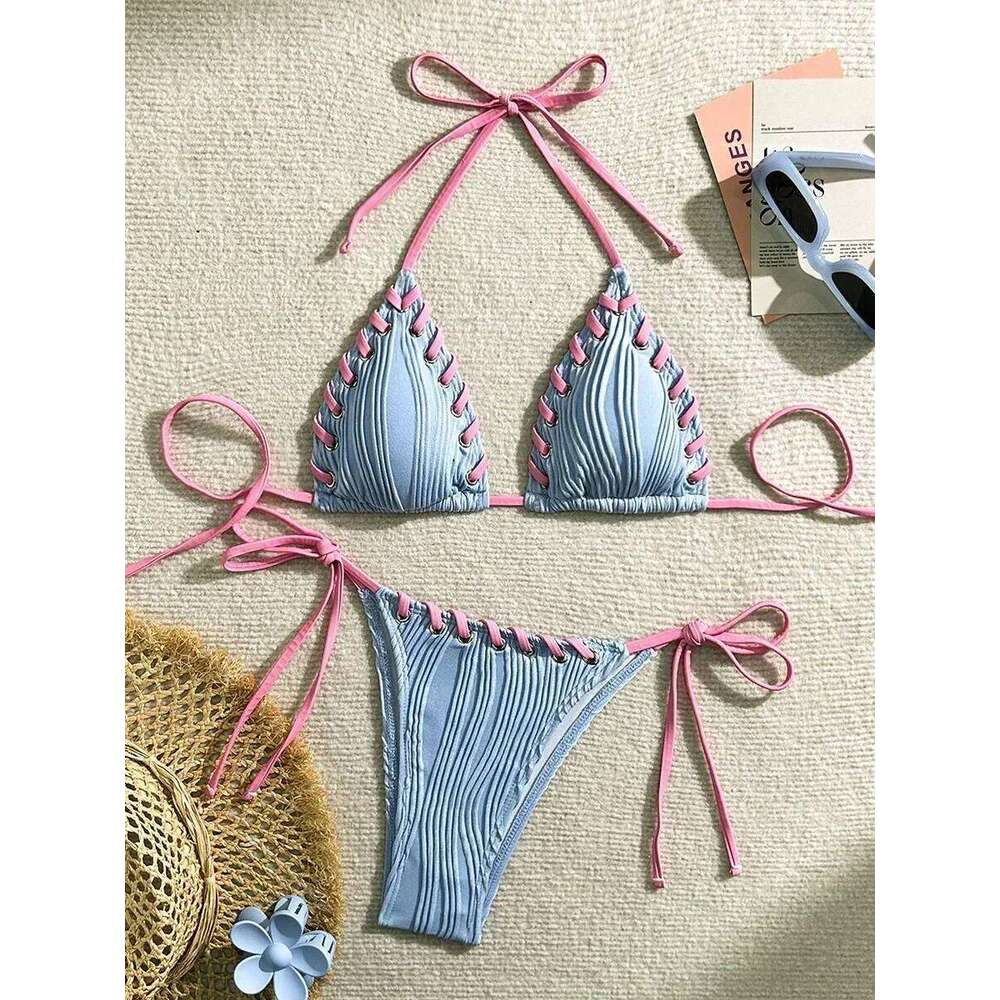2025 Halter Wrinkled Weave Women Swimwear Female Swimsuit Two Pieces Bikini Set Brazilian Bathing Suit Swim Beach Wear C260207