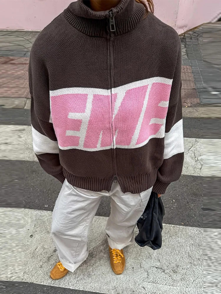 Letter Women s Sweater Stand Collar Y2k Knit Sweaters For Woman Zipper Full Sleeve Tops Female 2025 Winter Men Jacket Knitwear 260122