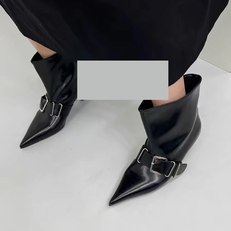 Chinese Style 2025 Belt Buckle Fashion Boots High Heel Pointed Toe Booties MidLeg 260208