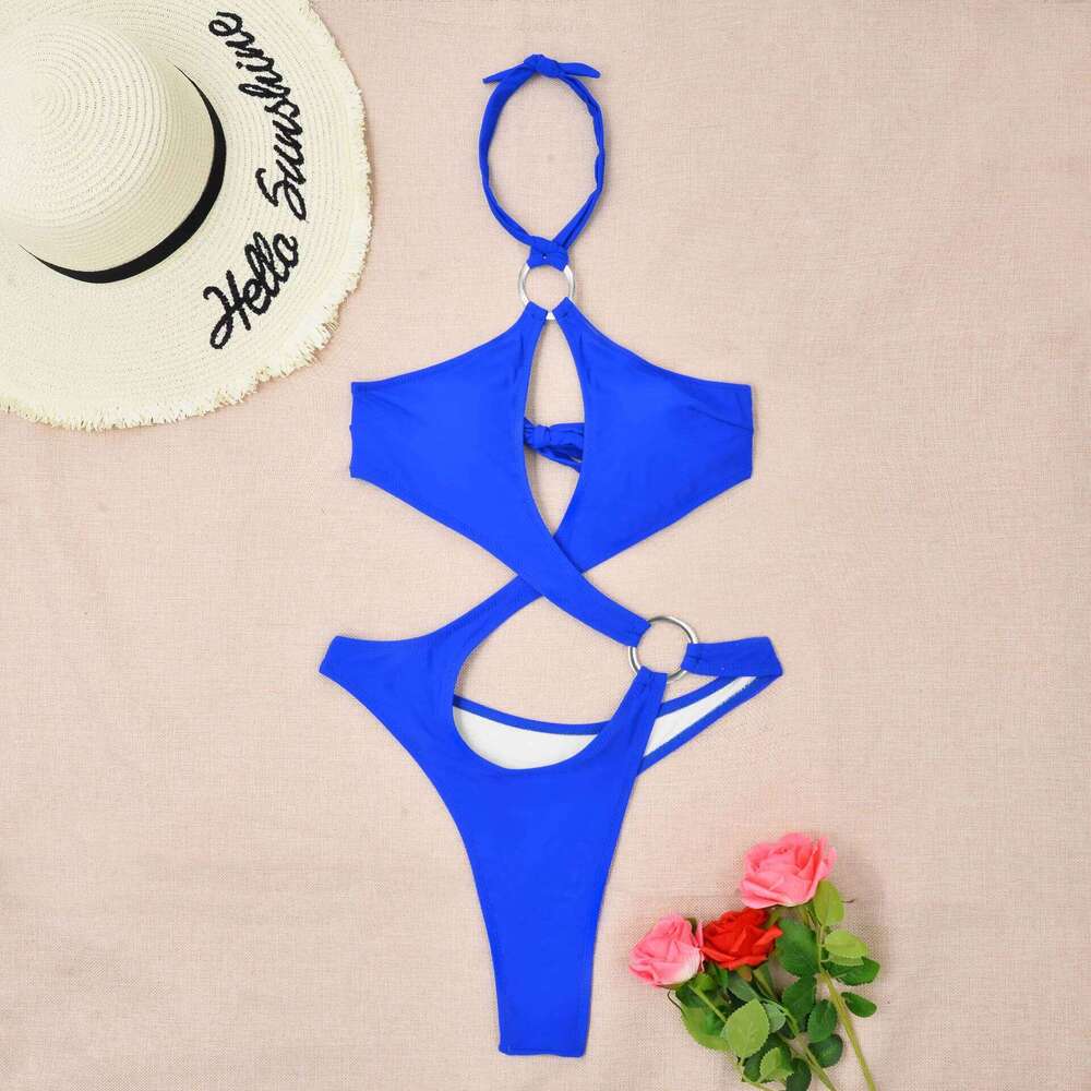 sexy cross ring halter bandage hollow one piece bikinis 2024 women thong swimsuit female bathing suit swimwear biquini C260207