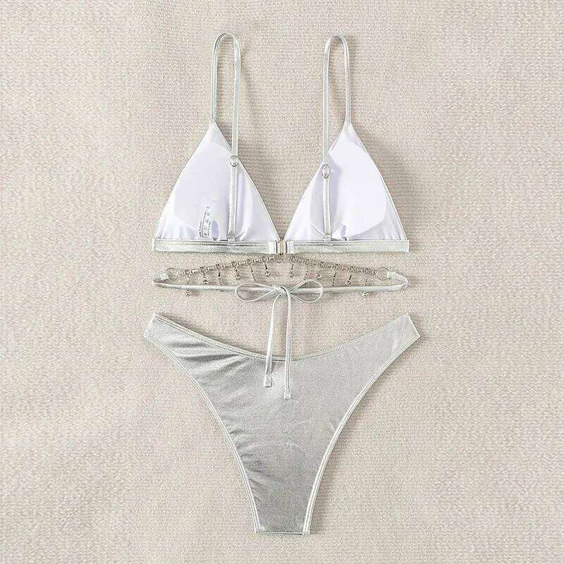 Silver Backless Swimwear Triangle Bikinis Sets Woman 2026 Sexy Swimsuit Summer High Leg Cut Bathing Suit Rhinestone Bikini Dames C260207