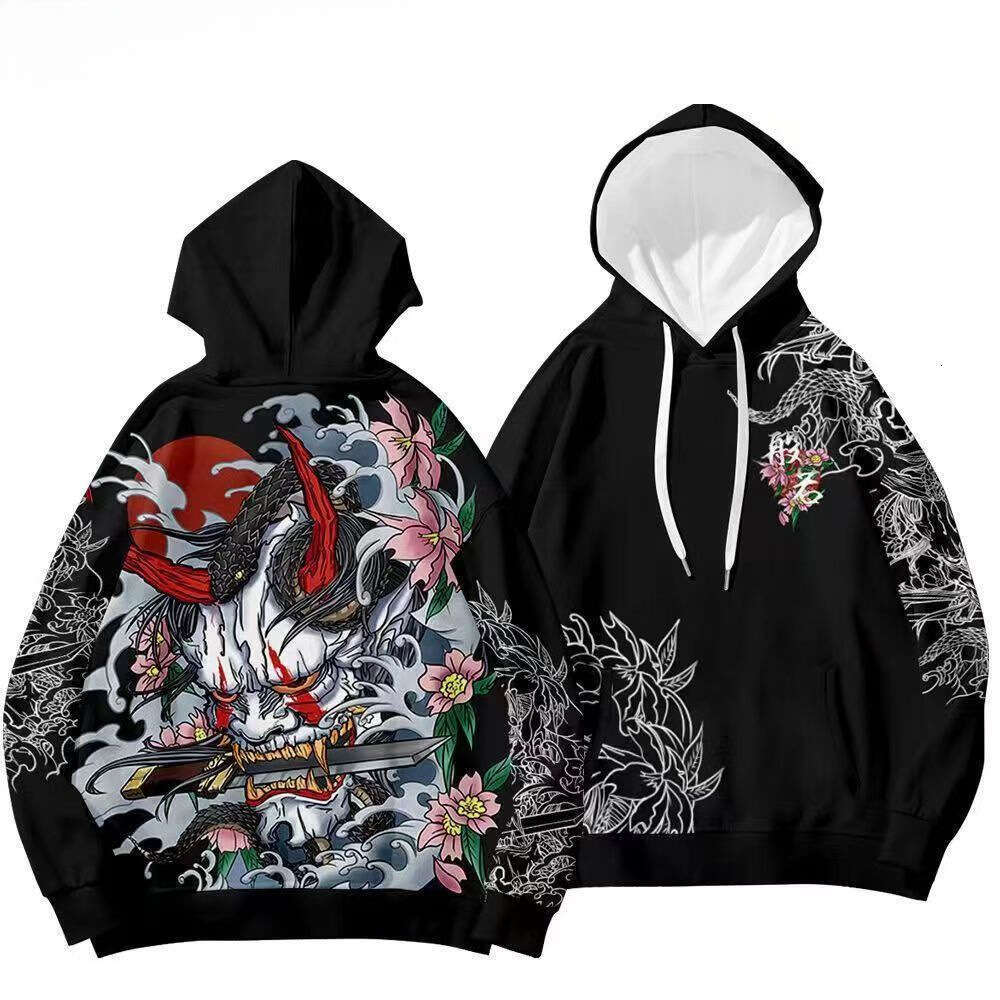 Trendy New Chinese-Style Hoodie With Hannaya Demon Print, Suitable Autumn And Winter, Featuring A Unique Design Inspired By Hundred Demons Of The Nigh