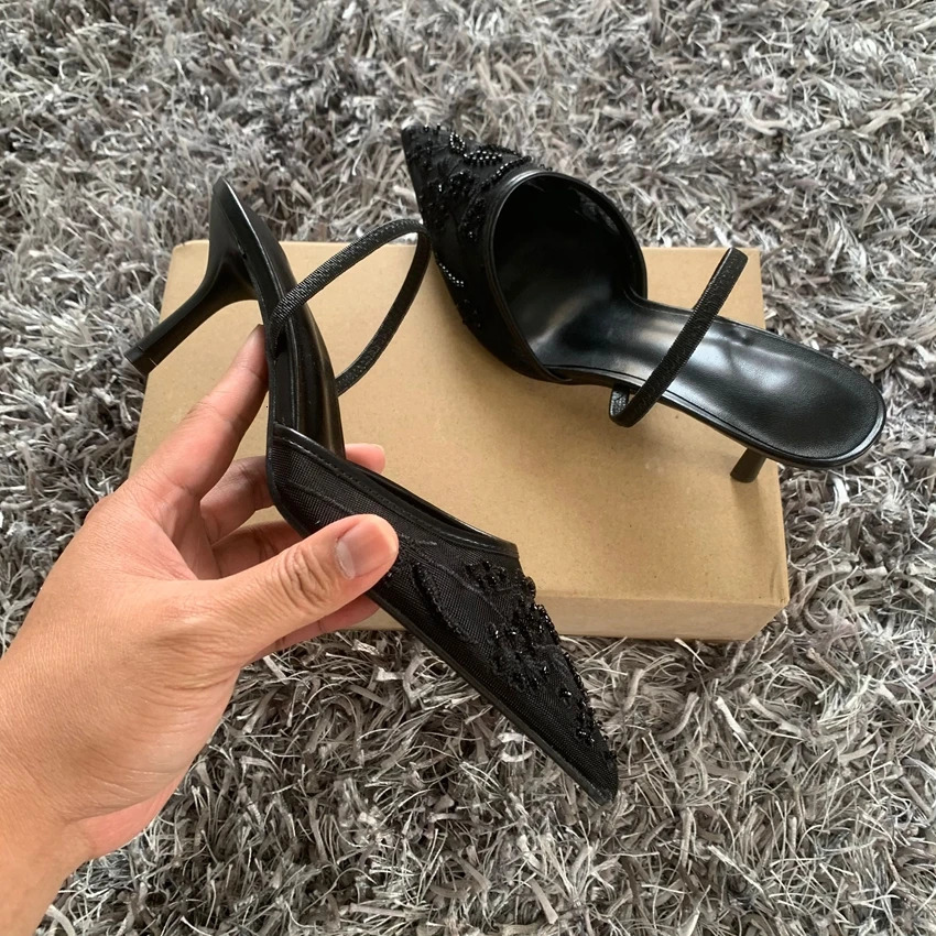 Black Embroidered Mesh Slingback High Heels Sandals for Women er Shoes Woman Elegant Style Wedding Party Pumps 260202