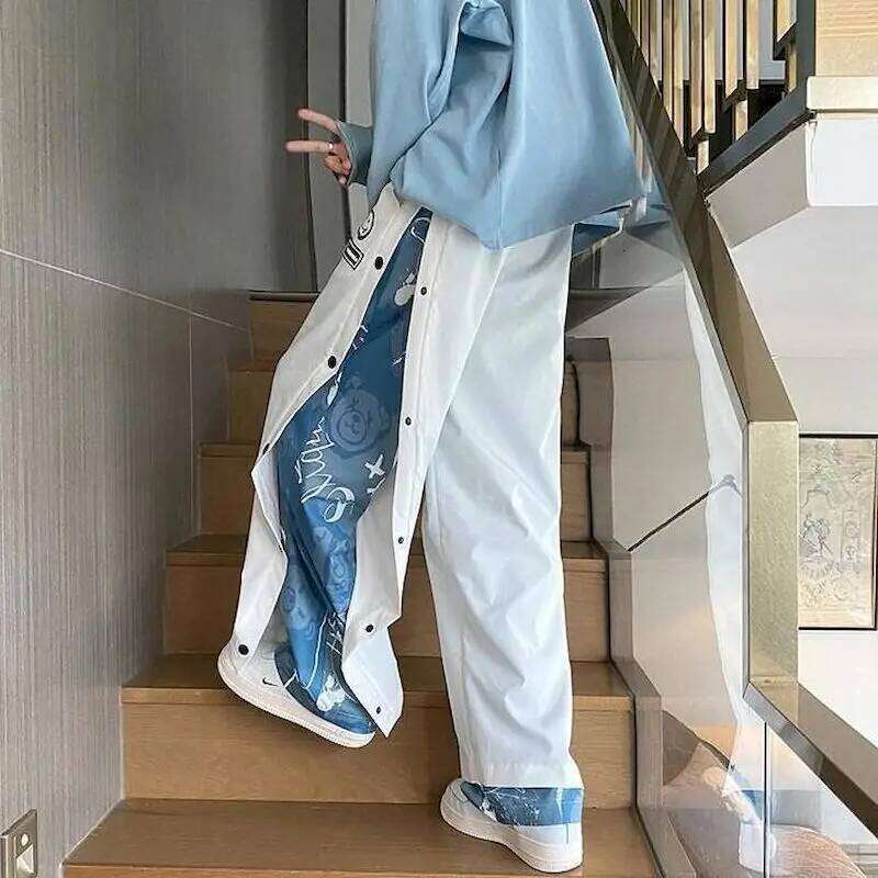 High casual trousers buttoned male gothic loose straight wide leg fake two piece pants high street men's bottoms