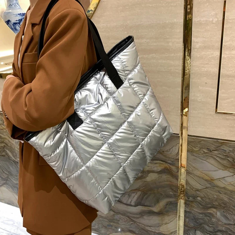 Fashion Large Tote Padded Handbags Autumn Quilted Women Shoulder Bags PU Down Cotton Thread Crossbody Bag Winter Bag260128