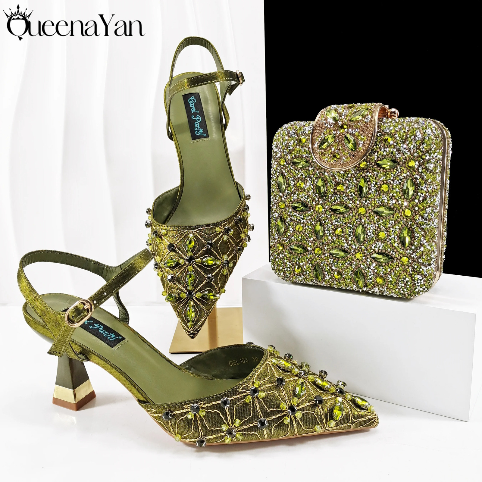 QueenaYan Elegant Full Diamond n Olive Color Italian Womens Shoe and Handbag Set for Weddings Special Occasions 260208