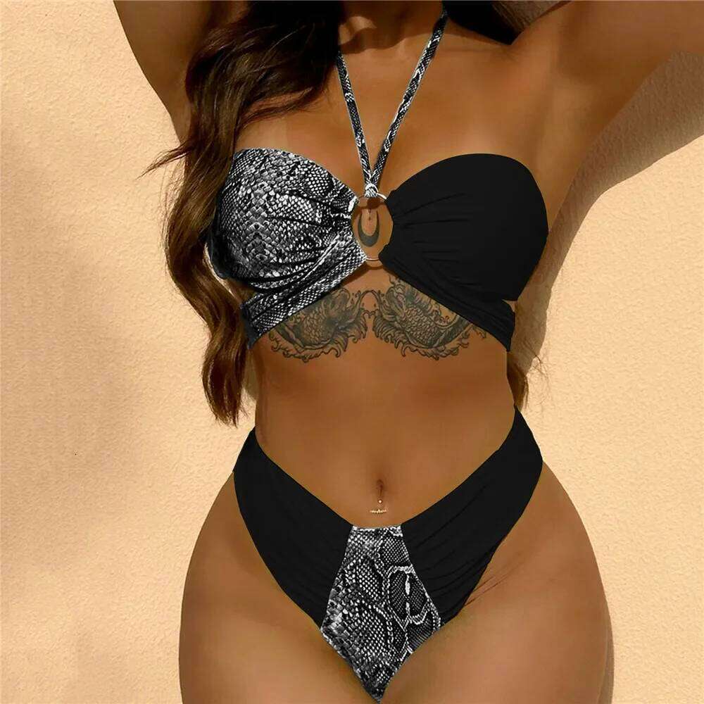 Sexy Snake Print Halter Bandeau Bikinis Set Thong Swimsuit Women Push Up Swimwear High Cut Bathing Suit Biquini Beachwear bikini C260207