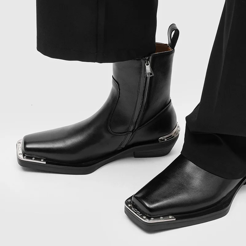 men fashion punk rock genuine leather boots square toe shoes cowboy cool high boot black brown long chelsea botas male 260208