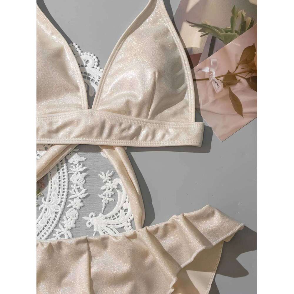 Sexy Glitter Shinny Halter Ruffles Bikinis Sets Two Pieces Padded Back Tie Thong Swimwear Female Bathing Suit Swimsuit Biquini C260207