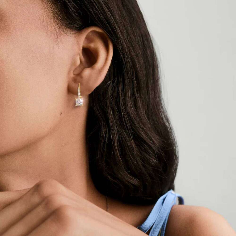 Princess Cut Moissanite Dangle 14K Gold Plated 925 Silver 1.2Ct/2.0Ct VVS Lab Diamond French Leverback Drop Earring For Women