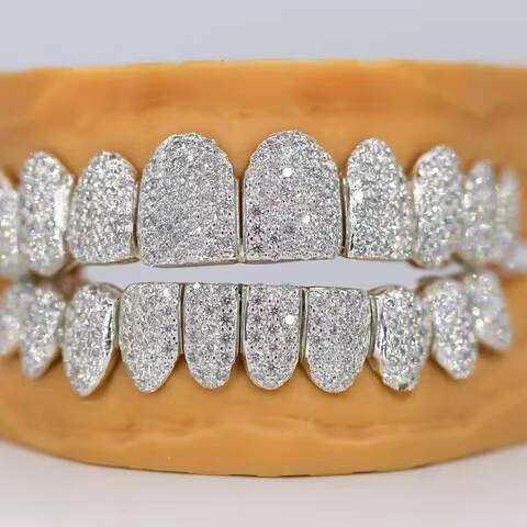 Iced out hip hop moissanite diamond grillz silver brilliance clarity sparkle mens jewelry fashion statement elegant design