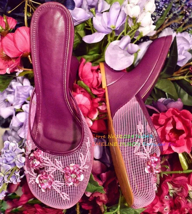 Pink Mesh Sequin Slide Beaded Chinese Slipper Floral Embellished Wedge Heel Slip On Holloe High Summer Pumps 260208