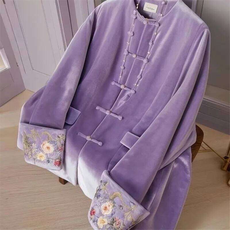 Limiguyue New Chinese Style Dopamine Purple Velvet Jacket Women High-End Embroidery Coat Retro Buckle Outwear Autumn Winter 777P