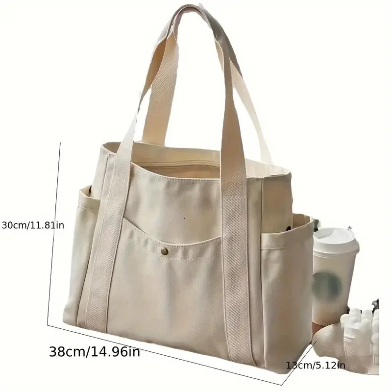 1Pcs Large Capacity Canvas Tote with Multiple Pockets-Perfect for School/work Commute/travel and Shopping Bags on One Shoulder260128