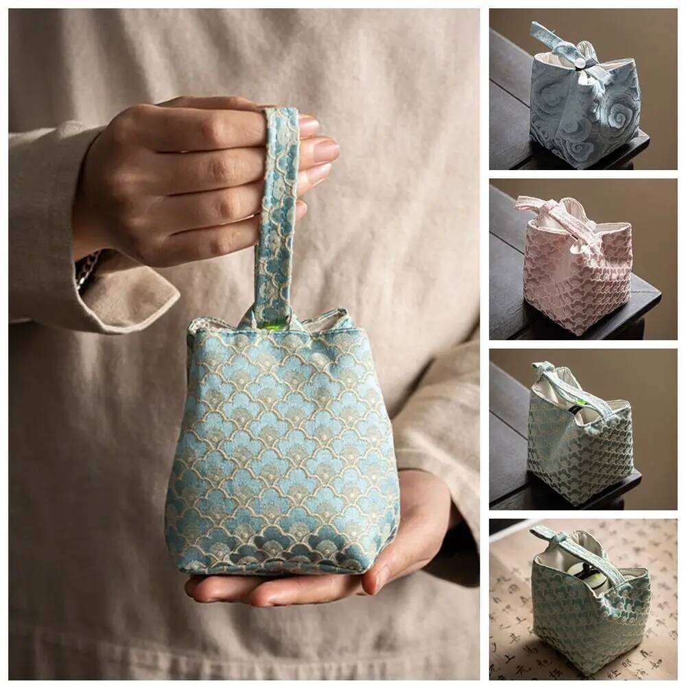 Chinese Style Embroidered Flower Print Handbag Tea Tools Storage Bag Solid Color Small Item Pouch