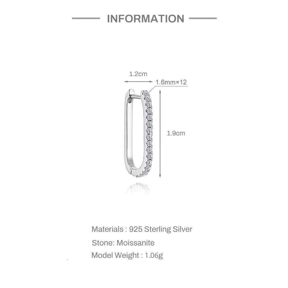Rhodium Plated 925 Sterling Silver U Shape Micro Inlaid Moissanite Hoop Earrings Minimalist