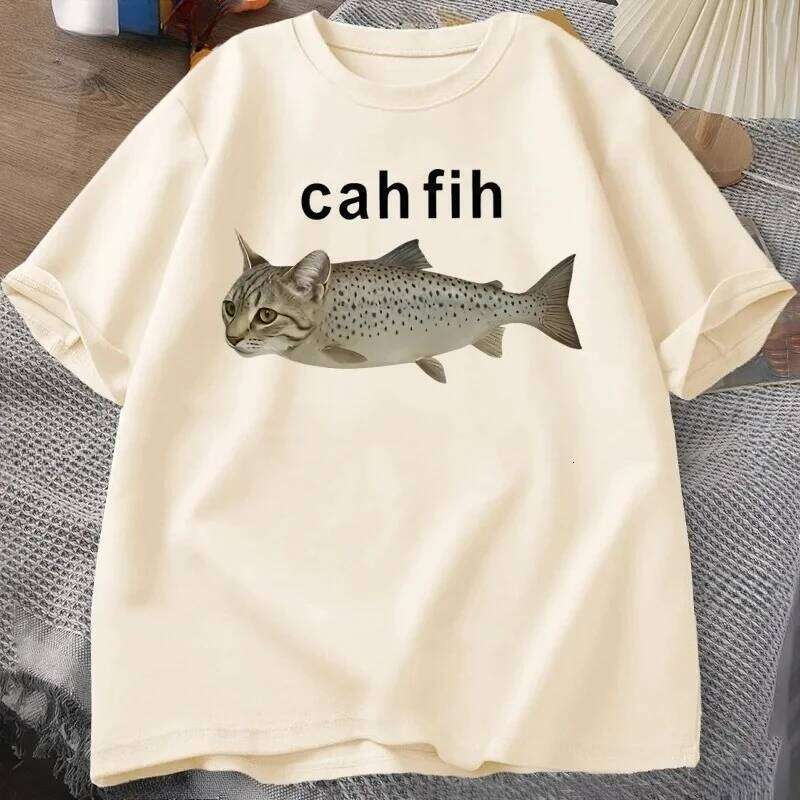 Cah T-Shirt Fih Funny Mispelled Meme T Shirt Cat and Fish Humor Tshirt Casual Short Sleeve Clothes Graphic Y2K C260207