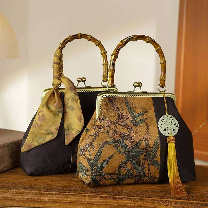Fine Handmade Bamboo Handle Handbags Fashion Retro Print Chinese Style Cheongsam Evening For Women Chain Shoulder Bags