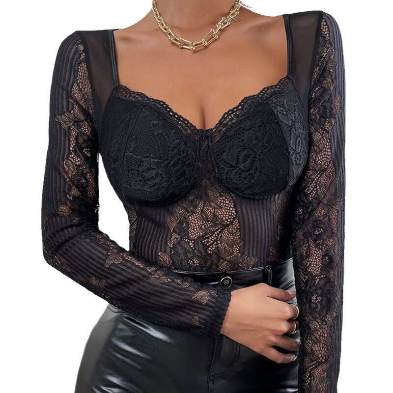European and American Hot Sale Solid Color See Through Ruffled High End Vest Long Sleeve Bra luanyun