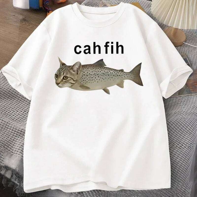 Cah T-Shirt Fih Funny Mispelled Meme T Shirt Cat and Fish Humor Tshirt Casual Short Sleeve Clothes Graphic Y2K C260207