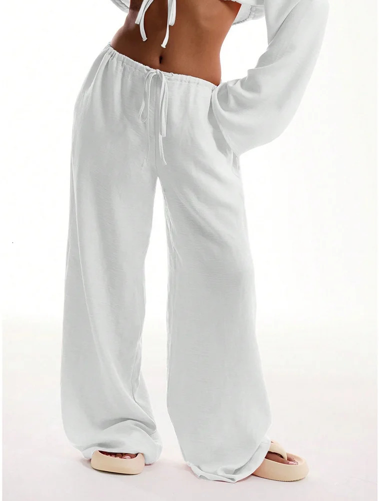 Casual Oversized White Solid Wide Leg Pants Fashion Women Elastic High Waist Pocket Baggy Sweatpant Office Lady Commute Trousers 260130