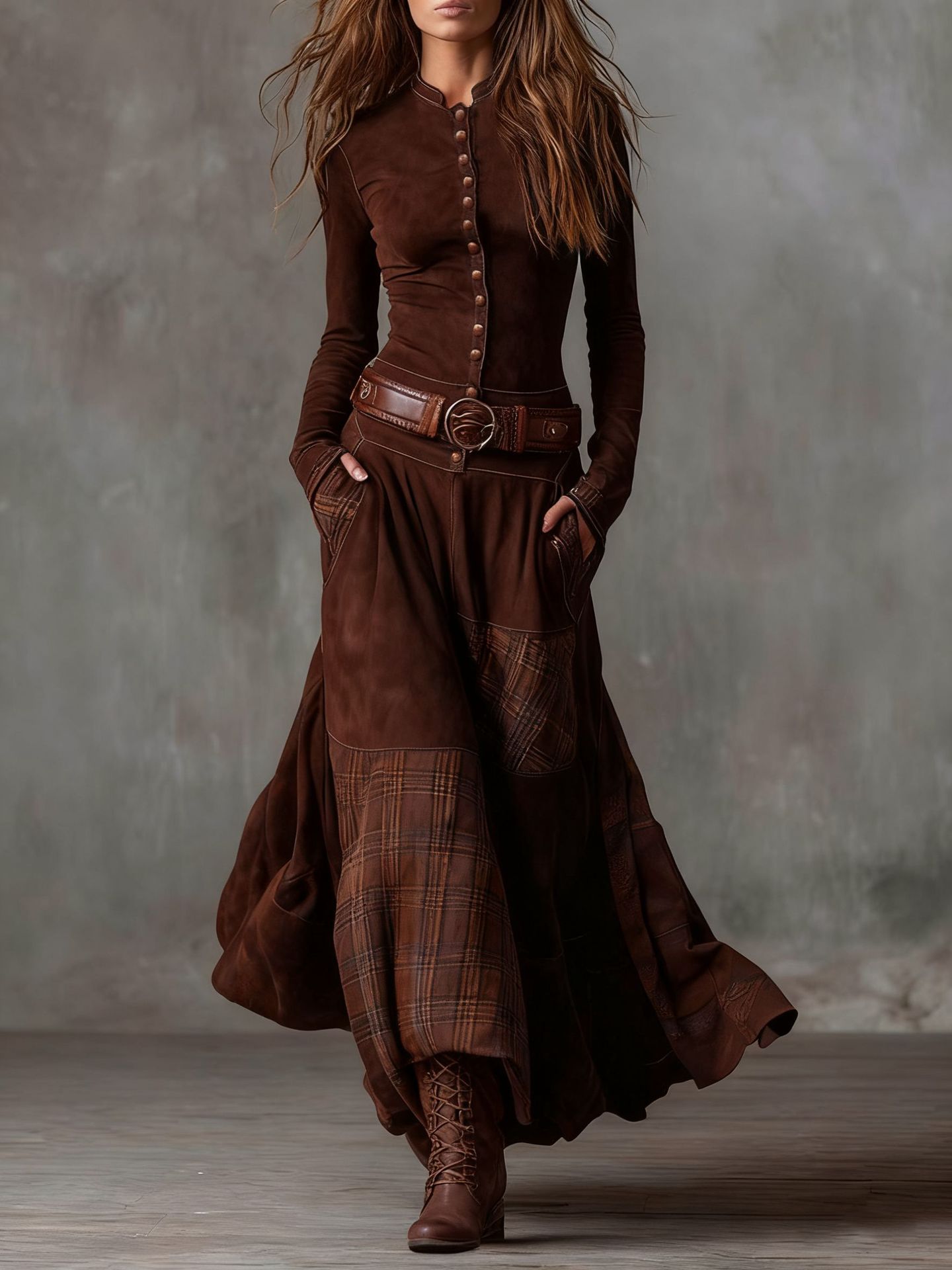 Fashion Button Draped Maxi Dress Elegant O-neck Long Sleeve Pocket Long Dress Vintage Checkered Print Patchwork Slim Party Dress R260208