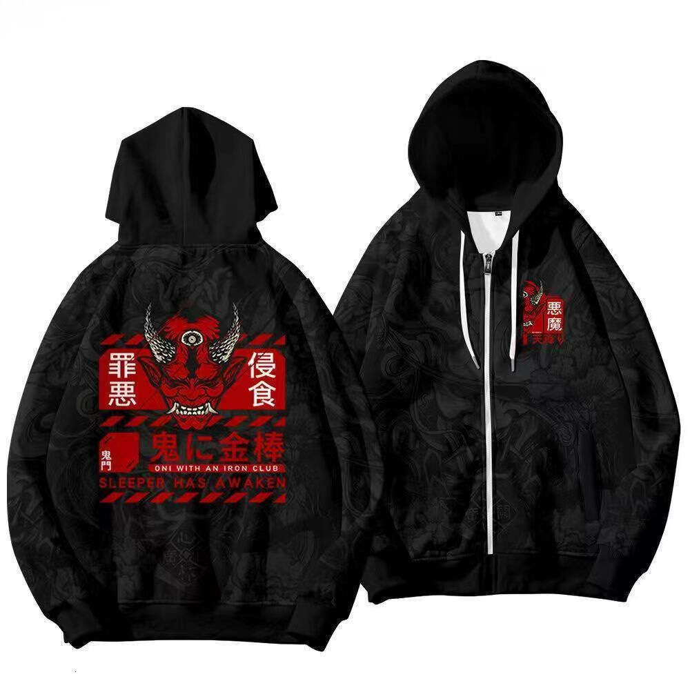 Trendy New Chinese-Style Hoodie With Hannaya Demon Print, Suitable Autumn And Winter, Featuring A Unique Design Inspired By Hundred Demons Of The Nigh