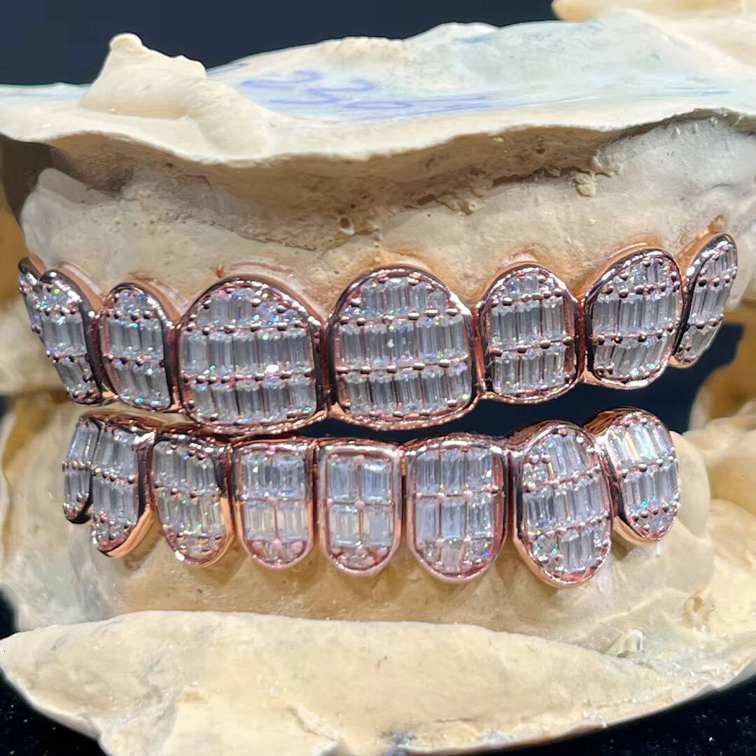 Full Iced Out Grillz for Teeth 925 Sterling Silver Custom Hip Hop Moissanite Baguette Cut Grillz