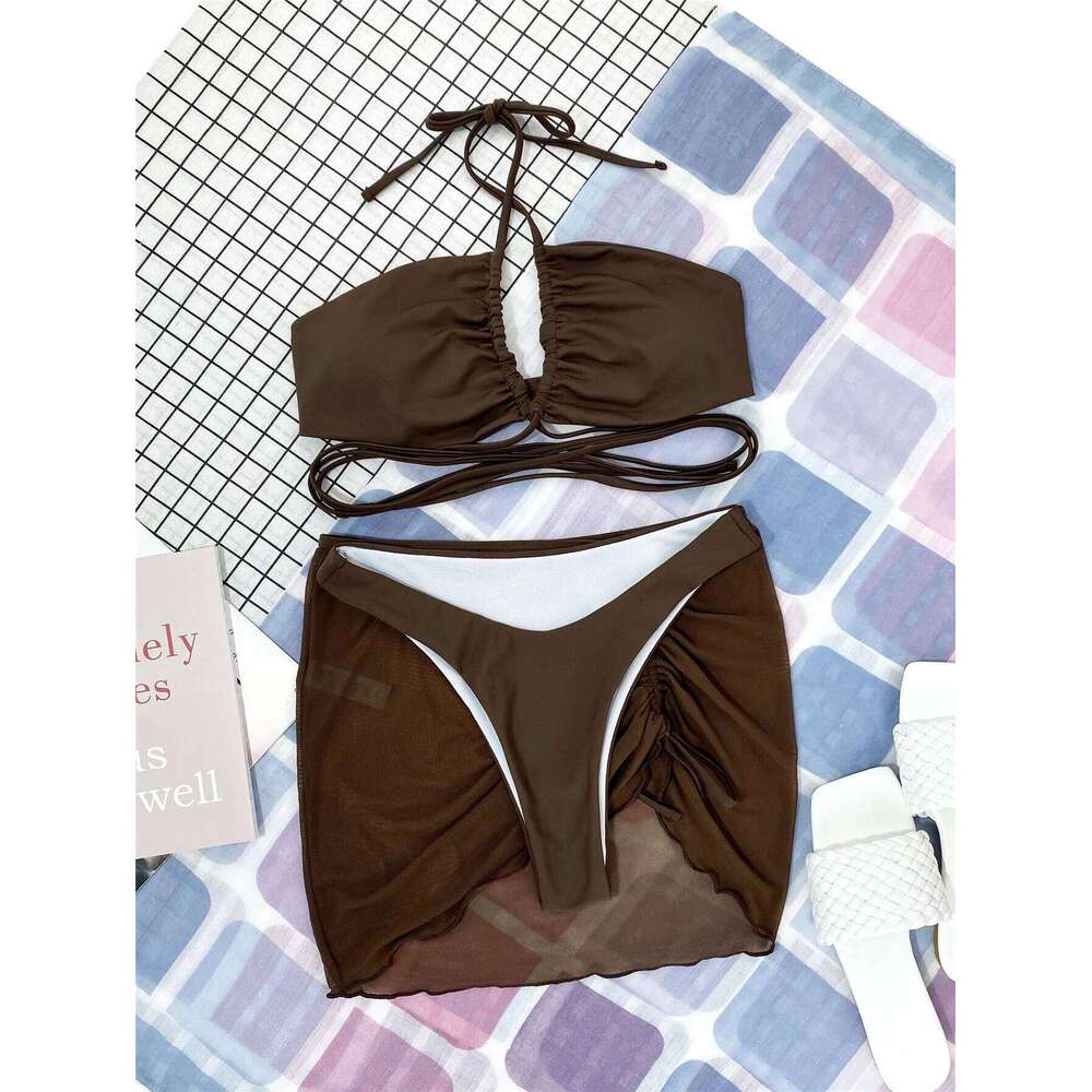 3 Pieces Criss Cross Halter Bikini 2025 Women & Beach Skirt Swimwear Female Sexy Swimsuit Beachwear Bathing Swimming Suit C260207
